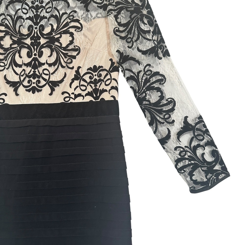 Betsy & Adam Dress Lace Damask Tiered Bandage Long Sleeve Black Nude 14 Cocktail - Picture 3 of 11